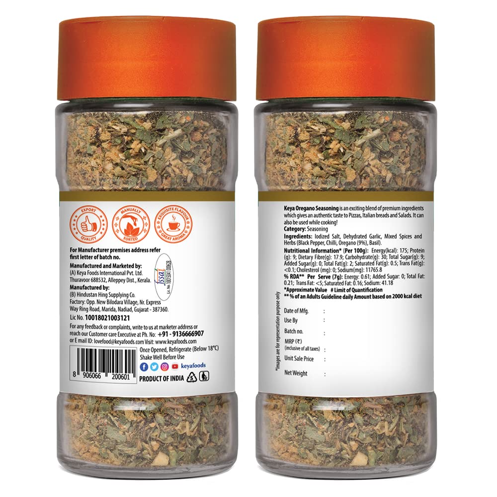 Keya Oregano Seasoning | All Natural & Healthy Spice Blend for Pizza, Pasta & More | Glass Bottle | Premium Herbs and Spices | Contains Freeze dried herbs| Export Quality | No Preservatives | The rich aroma that lasts | 50g