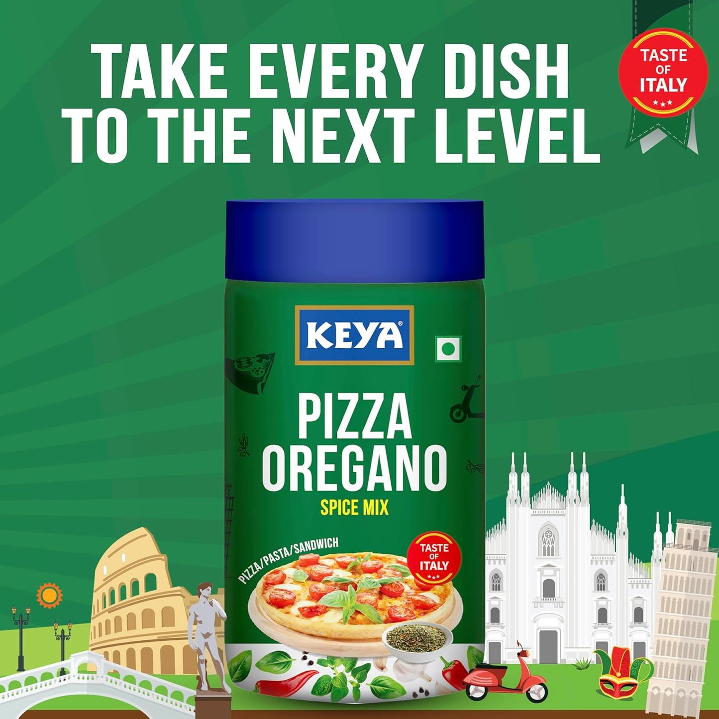 Keya Italian Pizza Oregano | Pizza Oregano Spice Mix | Healthy Italian Seasoning | Multipurpose Seasoning | Vegan | No Preservatives, Artifical Colours & Flavours | No MSG | Sprinkler |Perfect for Pizza, Garlic Bread, Makhana| 80g