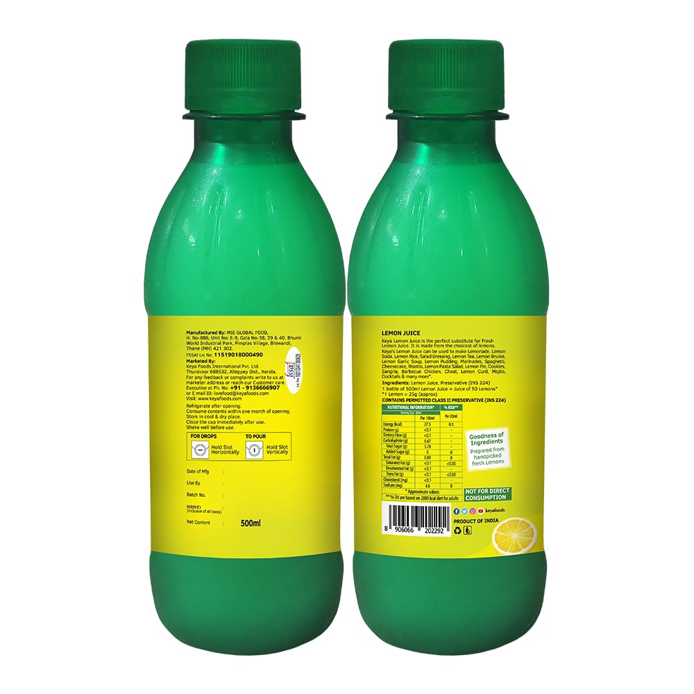 Keya Fresh Lemon Juice | Contains Natural Lemon Juice | No Added Water, No Concentrate, No Sedimentation | Fresh for 24 Months | Quick, Easy, Hassle Free Essential | For Everyday Cooking & Beverages | 500 mll