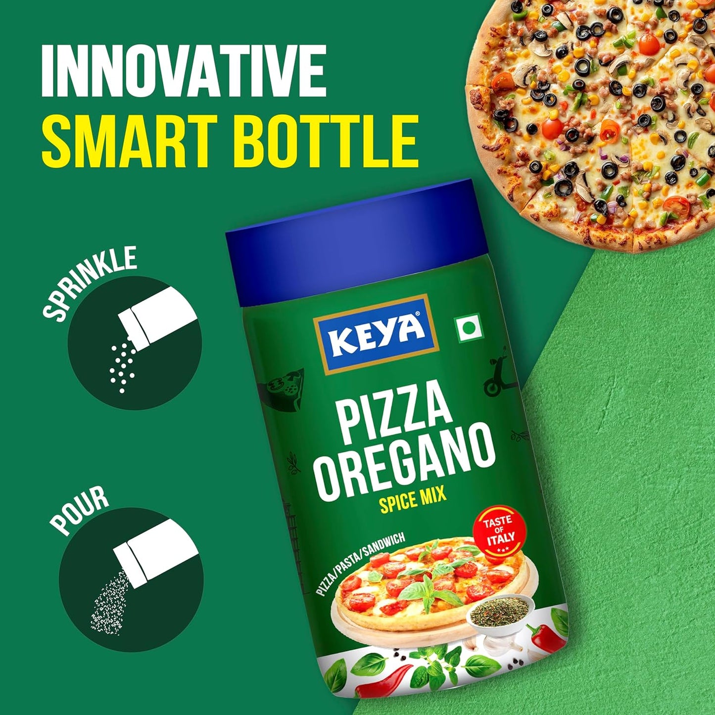 Keya Italian Pizza Oregano | Pizza Oregano Spice Mix | Healthy Italian Seasoning | Multipurpose Seasoning | Vegan | No Preservatives, Artifical Colours & Flavours | No MSG | Sprinkler |Perfect for Pizza, Garlic Bread, Makhana| 80g