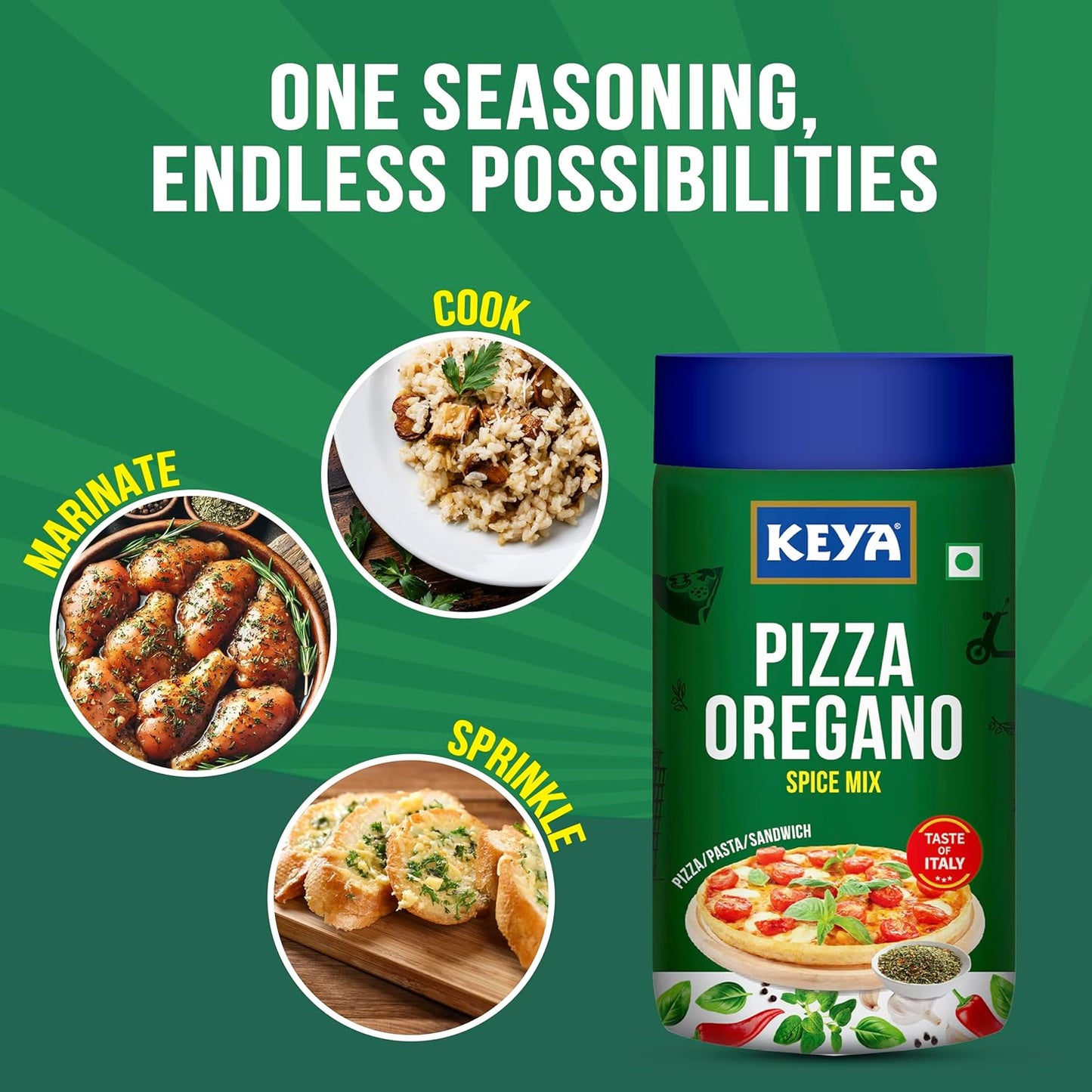 Keya Italian Pizza Oregano | Pizza Oregano Spice Mix | Healthy Italian Seasoning | Multipurpose Seasoning | Vegan | No Preservatives, Artifical Colours & Flavours | No MSG | Sprinkler |Perfect for Pizza, Garlic Bread, Makhana| 80g