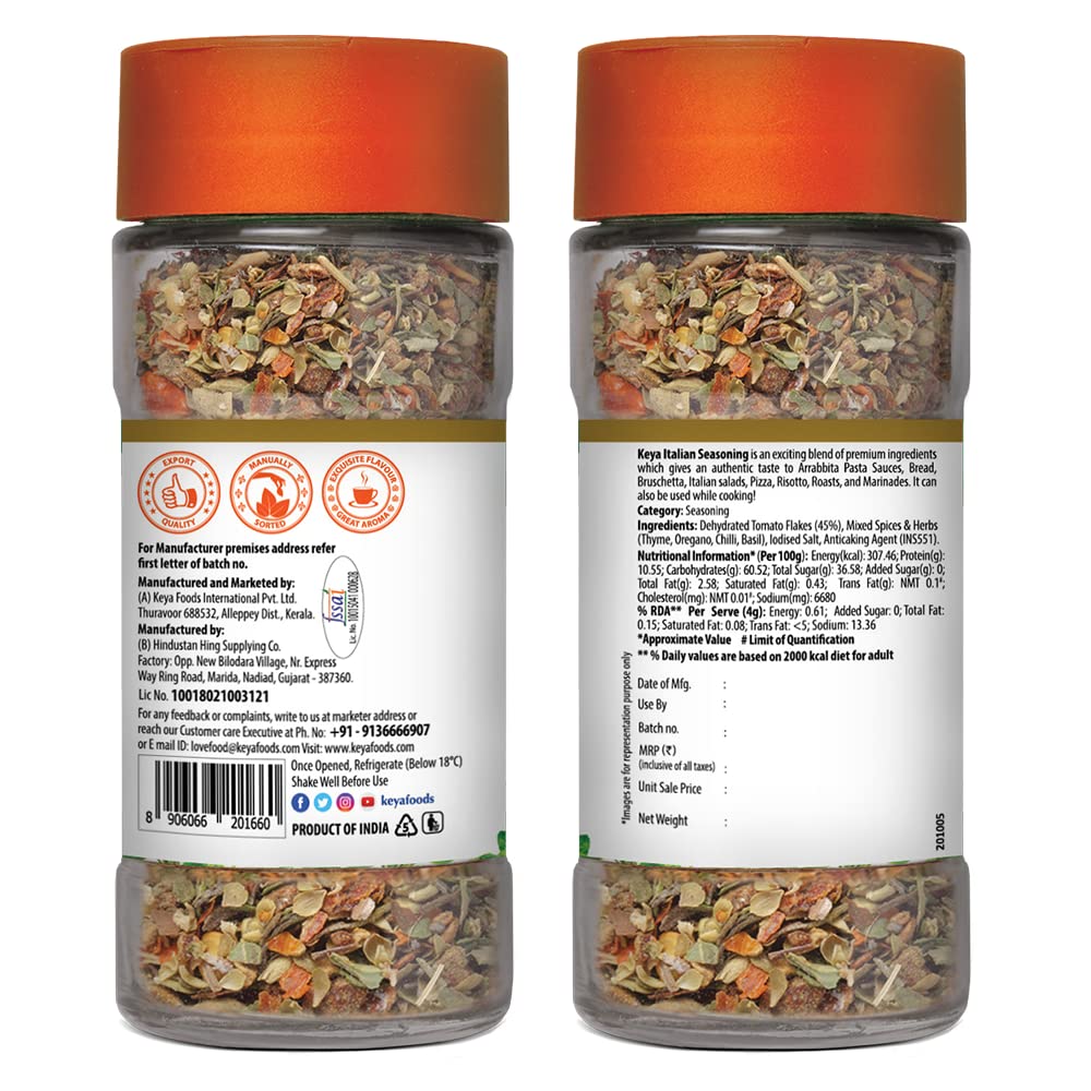 Keya Italian Seasoning, All Natural & Healthy Italian Spice Blend for Pizza, Pasta| Glass Bottle | Premium Herbs and Spices 35gm