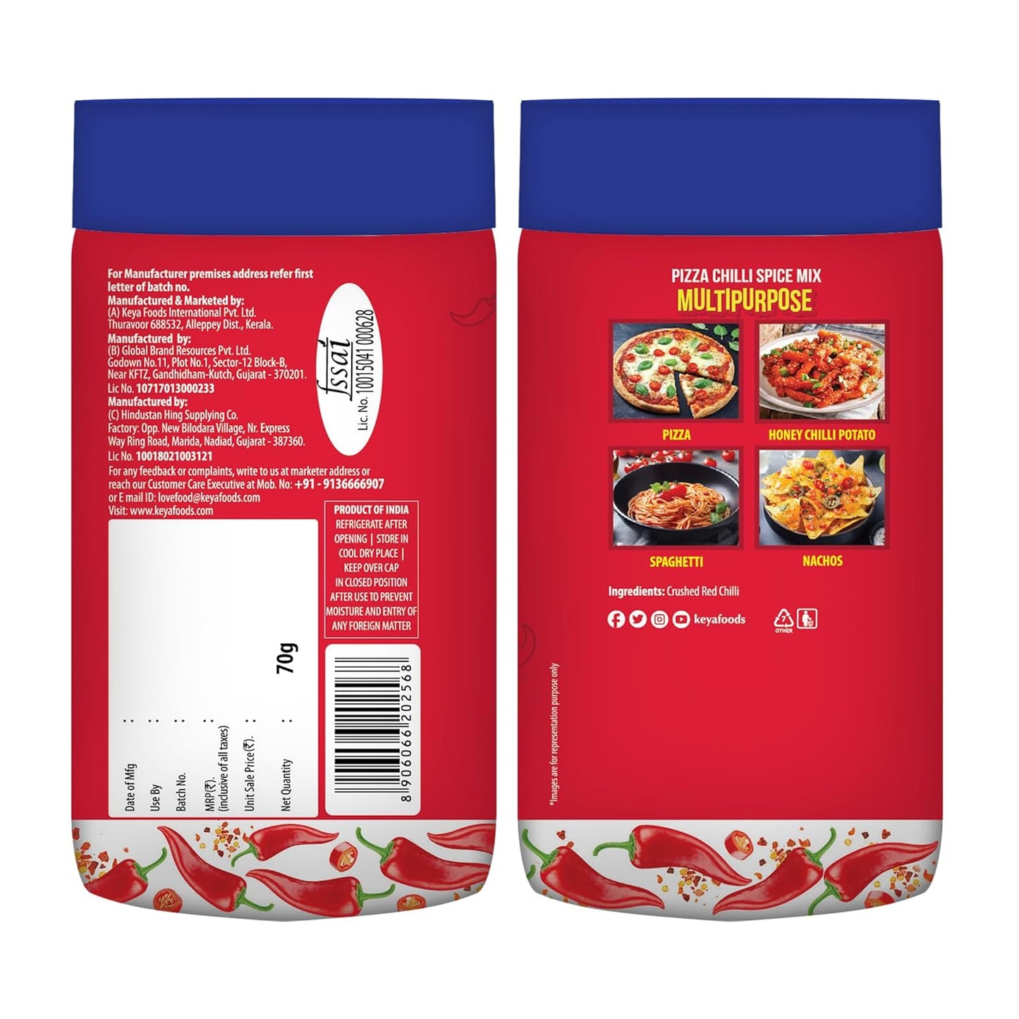 Keya Pizza Chilli Flakes | Natural Chilli Flakes | Dry Red Chilli Flakes| Seasonings |Multipurpose Seasoning| Zero added Colours, Fillers, Additives & Preservatives | 100% Natural | Perfect for Pizza, Pasta, Chilli Potato, Sweet Corn, Makhana| 70g