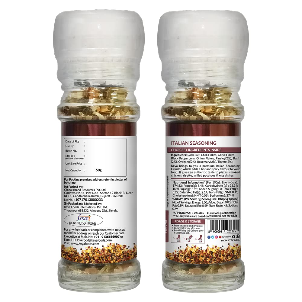 Keya Italian Seasoning Grinder 50g | Perfect for Pizzas, Smoked Chicken, Risotto, Egg Dishes & More | Twist-Top Grinder for Authentic Italian Flavor in Every Meal