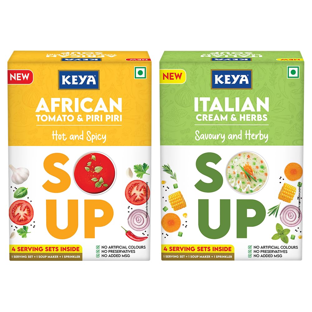 Keya Italian Soup Cream & Herbs 44g| Keya African Soup-Tomato & Piripiri 56g, Pack of 2