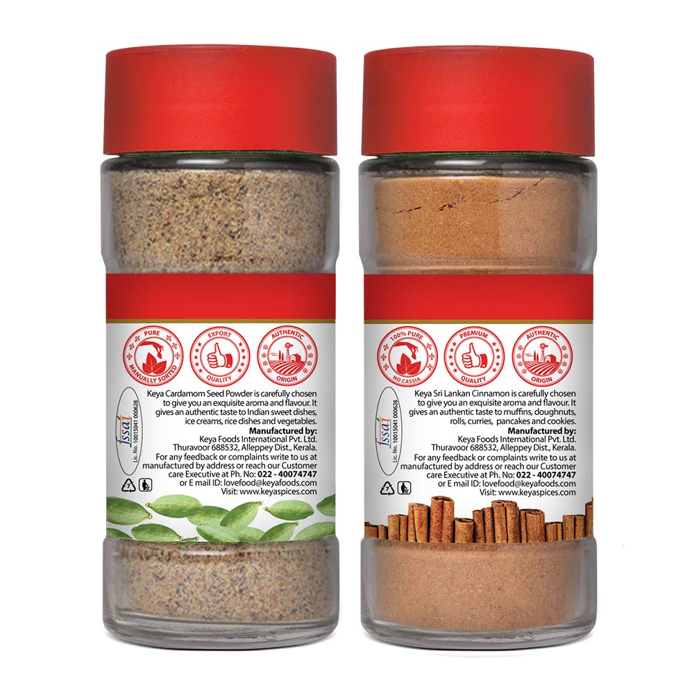 Keya Cardamom Seed Powder| Elaichi Powder| 50g, Cinnamon Powder| Dalchini Powder| 100% Pure & Natural | Packed with Zero Preservatives or Additives | Indian Spices Aroma & Flavour 45g | Pack 2