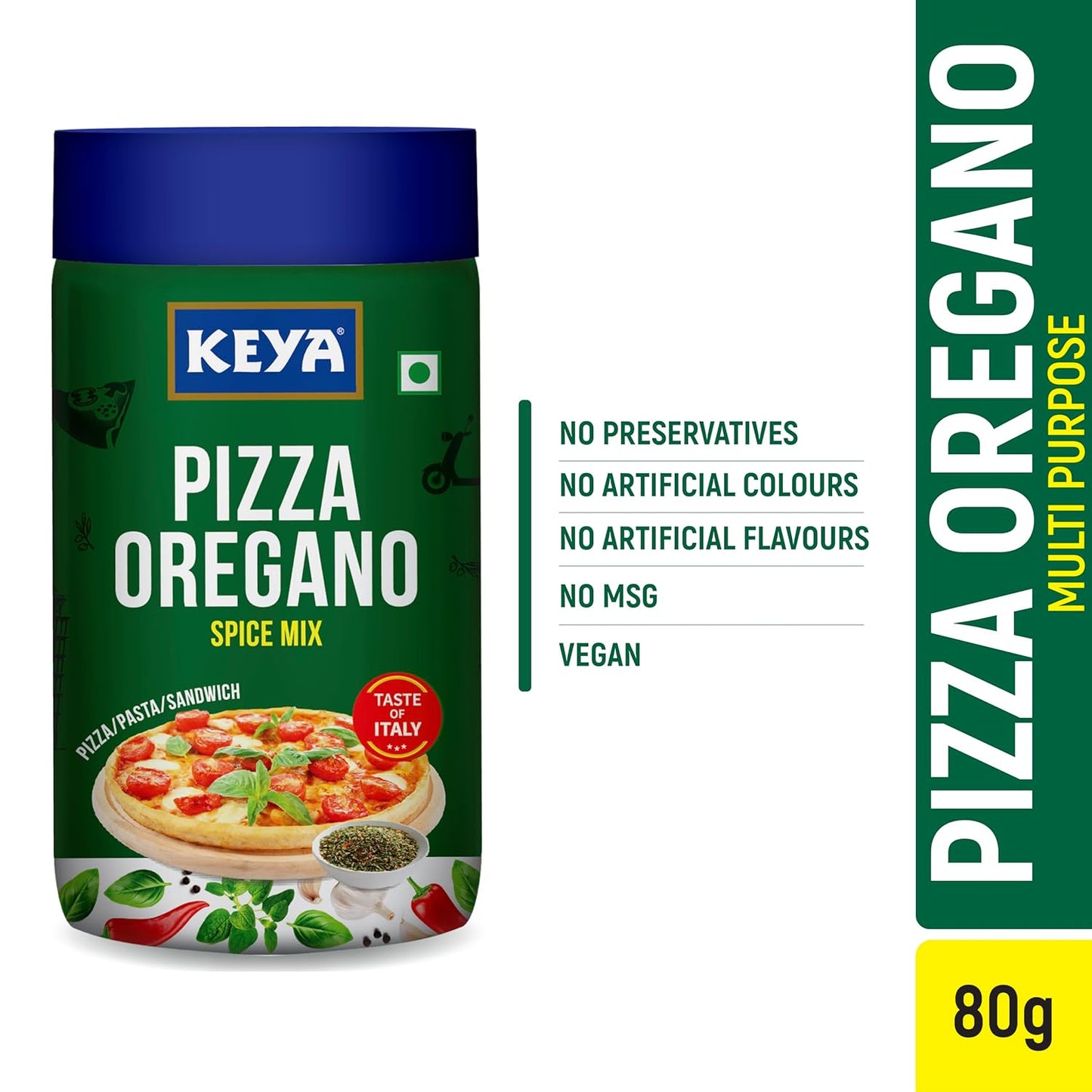 Keya Italian Pizza Oregano | Pizza Oregano Spice Mix | Healthy Italian Seasoning | Multipurpose Seasoning | Vegan | No Preservatives, Artifical Colours & Flavours | No MSG | Sprinkler |Perfect for Pizza, Garlic Bread, Makhana| 80g