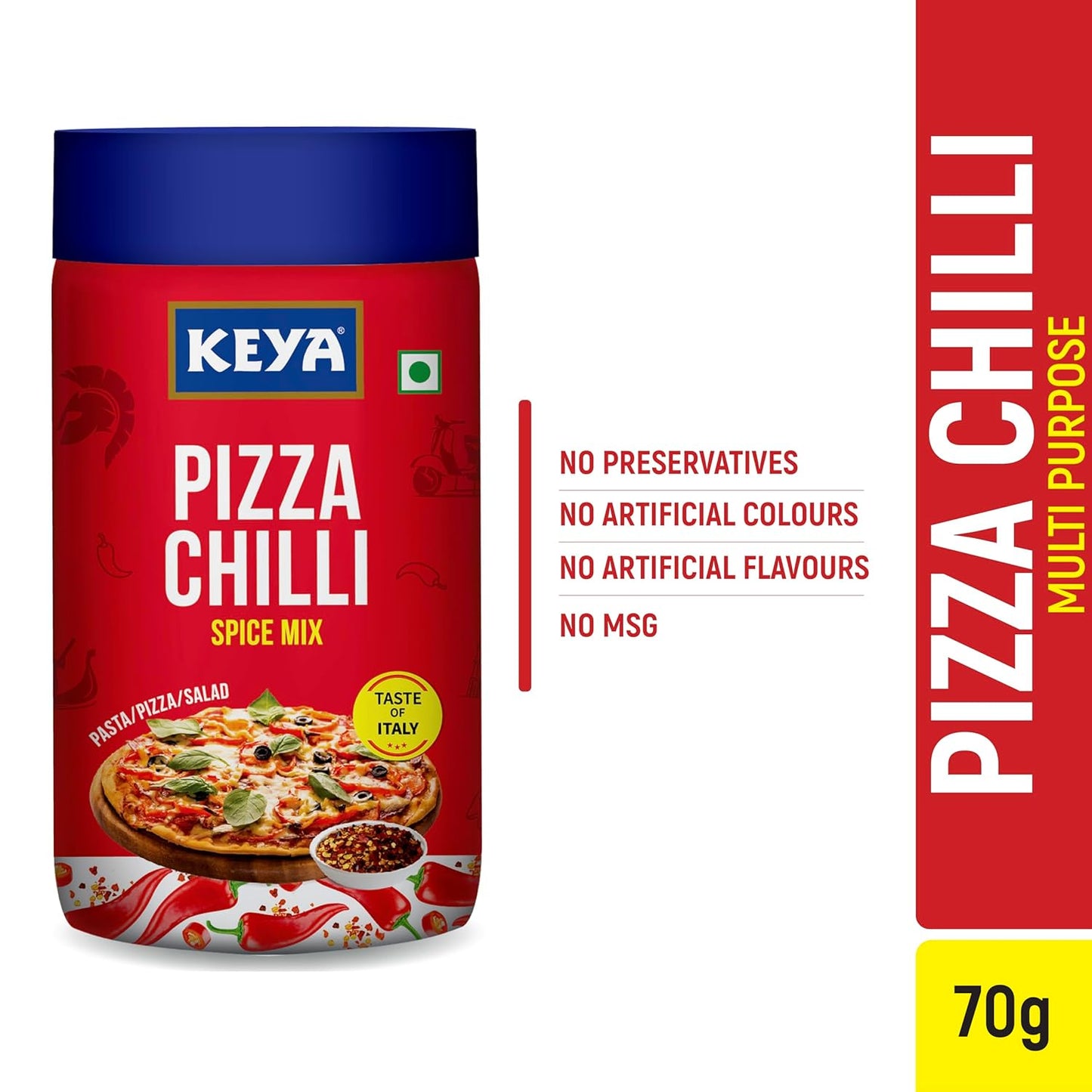Keya Pizza Chilli Flakes | Natural Chilli Flakes | Dry Red Chilli Flakes| Seasonings |Multipurpose Seasoning| Zero added Colours, Fillers, Additives & Preservatives | 100% Natural | Perfect for Pizza, Pasta, Chilli Potato, Sweet Corn, Makhana| 70g