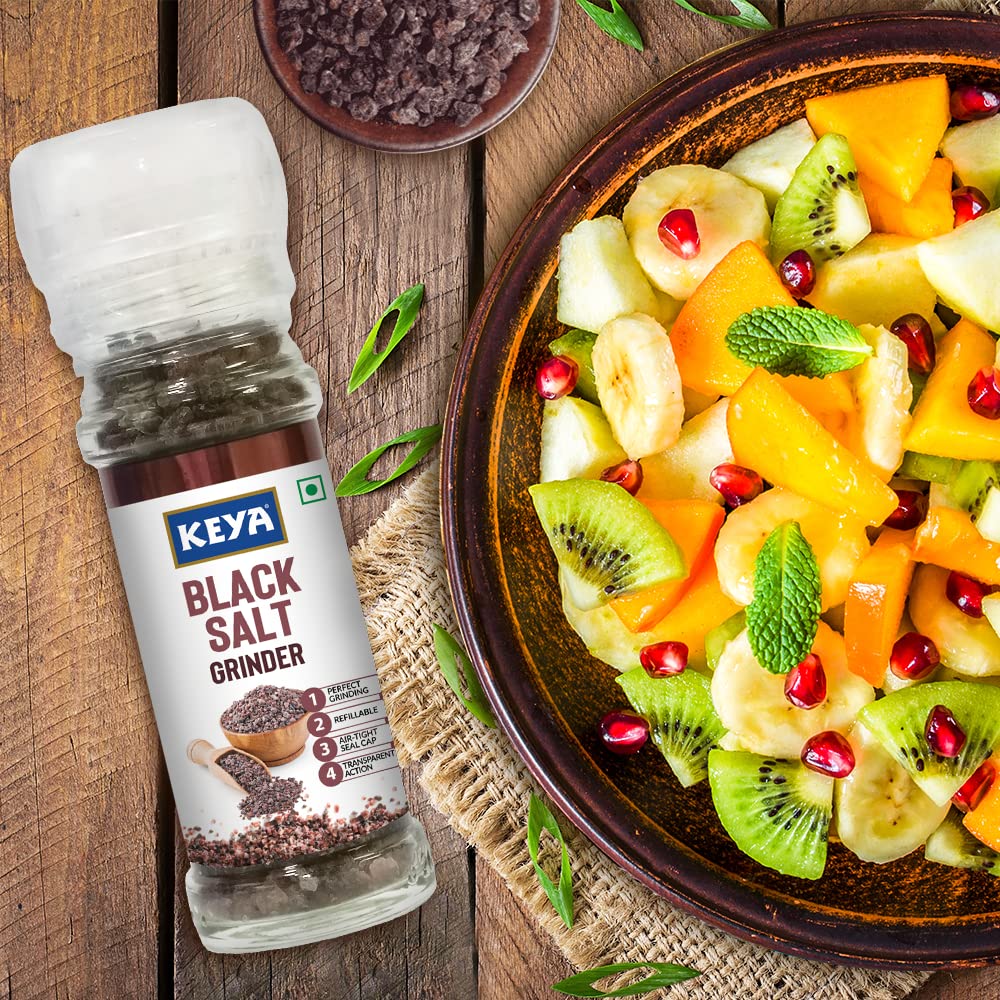 Keya Black Salt Grinder 100g | Perfect for Enhancing the Flavor of Chaats, Chutneys, Salads, Fruits, Grilled Chicken & More | Seasoning for Everyday Cooking & Garnishing