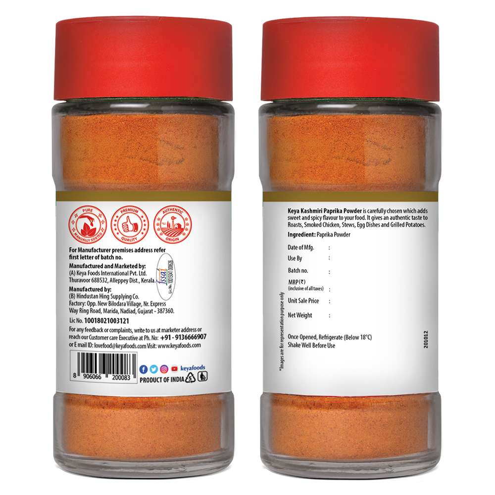 Keya Kashmiri Paprika Powder | Natural Vegetarian Dry Hot and Spicy Chili | Aromatic Seasoning | 100% Natural | Manually Sorted | 55g