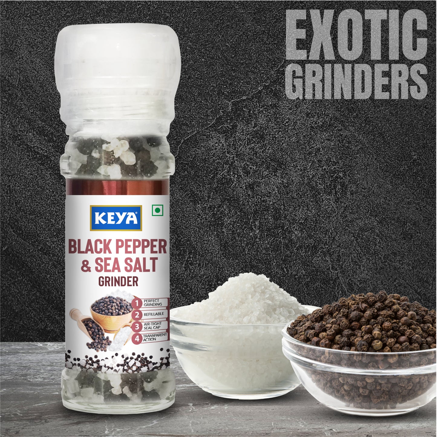Keya Black Pepper & Sea Salt Grinder 80g | Perfect for Seasoning Vegetables, Soups, Curries, Seafood & More | Twist-Top Grinders for Effortless Flavor Enhancement in Every Dish