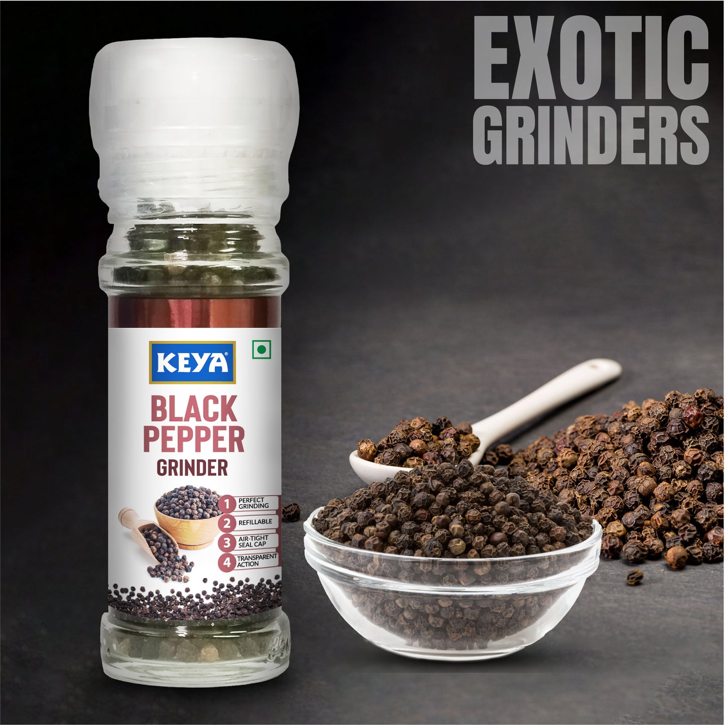 Keya Black Pepper Grinder 50g | Fresh Kali Mirch | Freshly Ground Premium Black Pepper for Enhancing Flavors | Convenient Twist-Top Grinder for Easy Use | Perfect for Cooking, Seasoning, and Garnishing | 50