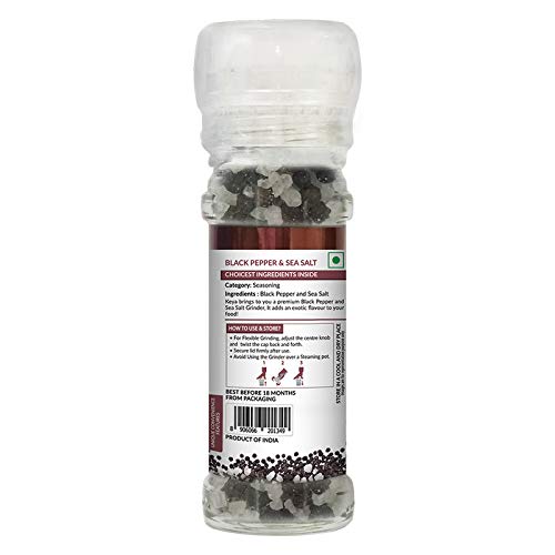 Keya Black Pepper & Sea Salt Grinder 80g | Perfect for Seasoning Vegetables, Soups, Curries, Seafood & More | Twist-Top Grinders for Effortless Flavor Enhancement in Every Dish