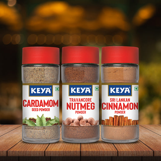 Keya Exotic Spices Combo, Nutmeg Powder 65gm, Cardamom Seed Powder 50gm, Cinnamon Powder 45g | 100% Pure & Natural | Packed with Zero Preservatives or Additives | Indian Spices Aroma & Flavour | Pack of 3
