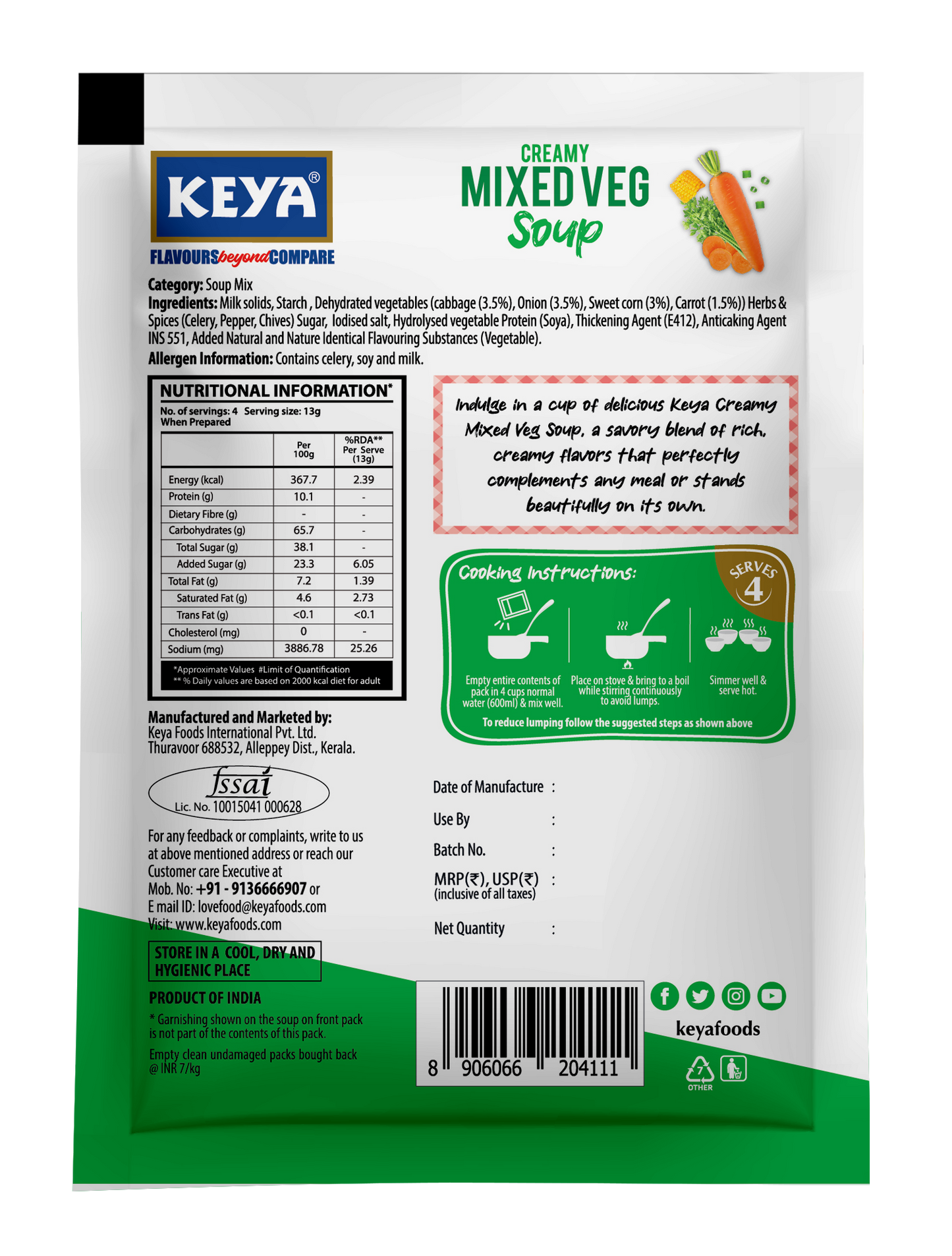Keya Creamy Mixed Veg Four Serve Soup 52g