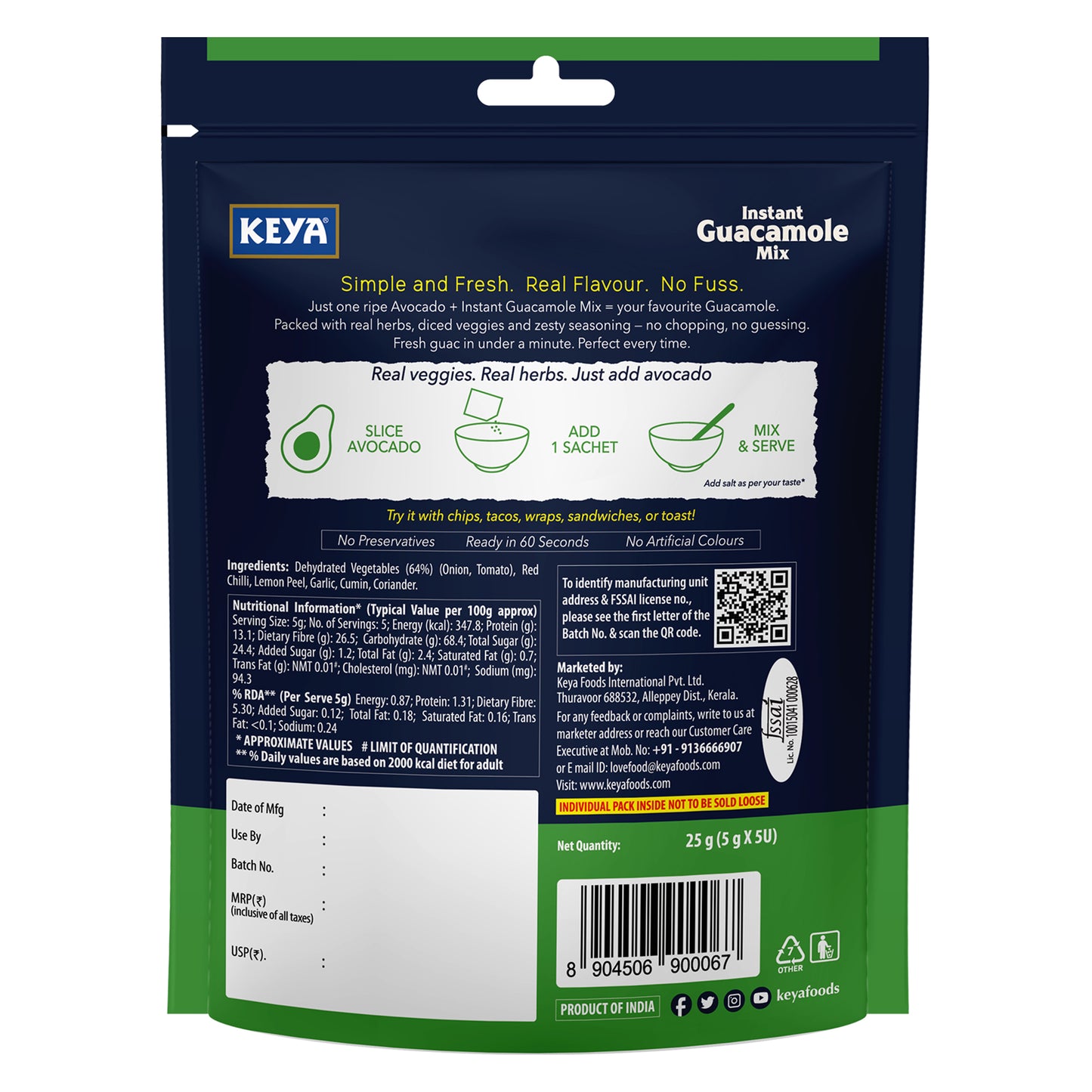 Keya Instant Guacamole Mix Multipack 25g | Guacamole Dip | Avocado | Mexican Cuisine | Seasoning | Pack Of 2