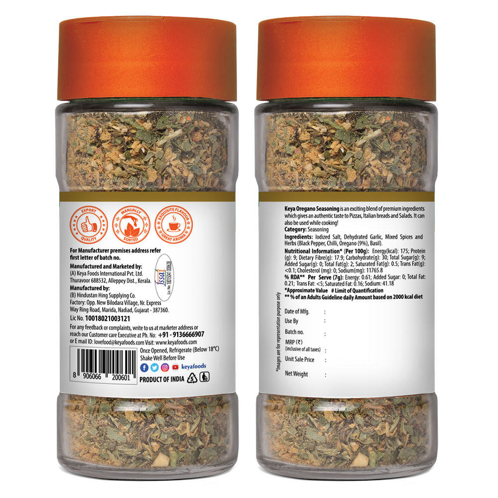 Keya Oregano Seasoning | All Natural & Healthy Spice Blend for Pizza, Pasta & More | Glass Bottle | Premium Herbs and Spices | Contains Freeze dried herbs| Export Quality | No Preservatives | The rich aroma that lasts | 50g