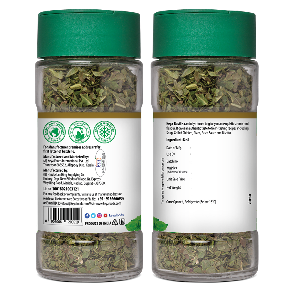 Keya Basil | Freeze Dried | Seasoning for Pasta, Pizzas, Soups, and Salads | Rich in Antioxidants & Supports Digestion | No Artificial Flavours or Colours | 12g