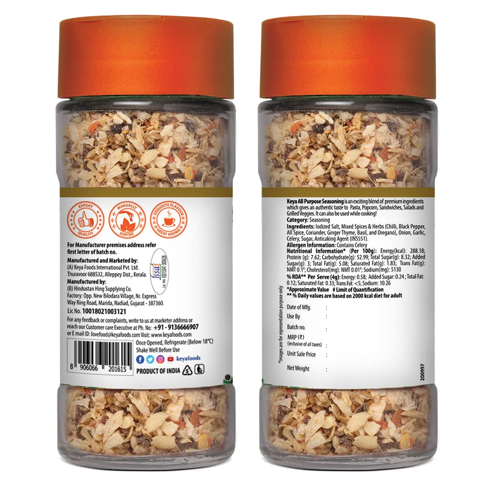 Keya All Purpose Seasoning 60gm l Natural & Healthy Spice Blend for Pizza, Pasta| Glass Bottle | Premium Herbs and Spices, 60gm