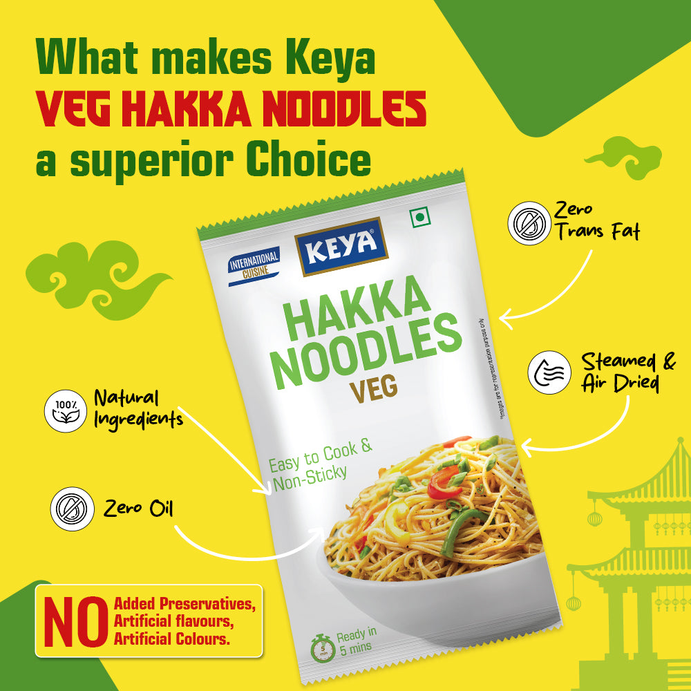 Keya Hakka Noodle Veg 150g | Chinese Restaurant Style | Quick & Easy to Prepare | Steamed & Air Dried | No Oil | Natural Ingredients | No Trans Fat | Premium Quality | Delicious Taste | Ideal for Home-Cooked Chinese Meals Pack of 2