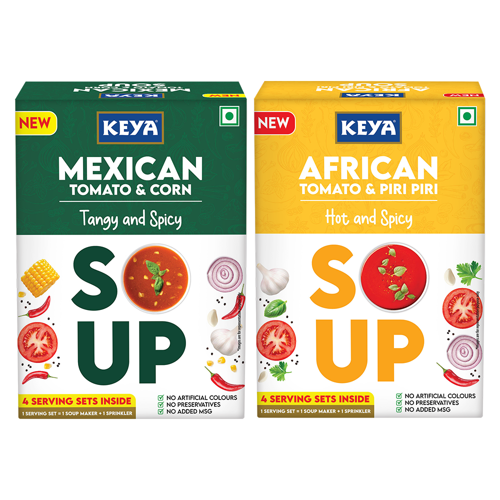 Keya Mexican Soup Tomato & Corn 52g | Keya African Soup Tomato & Piripiri 56g, Pack 2