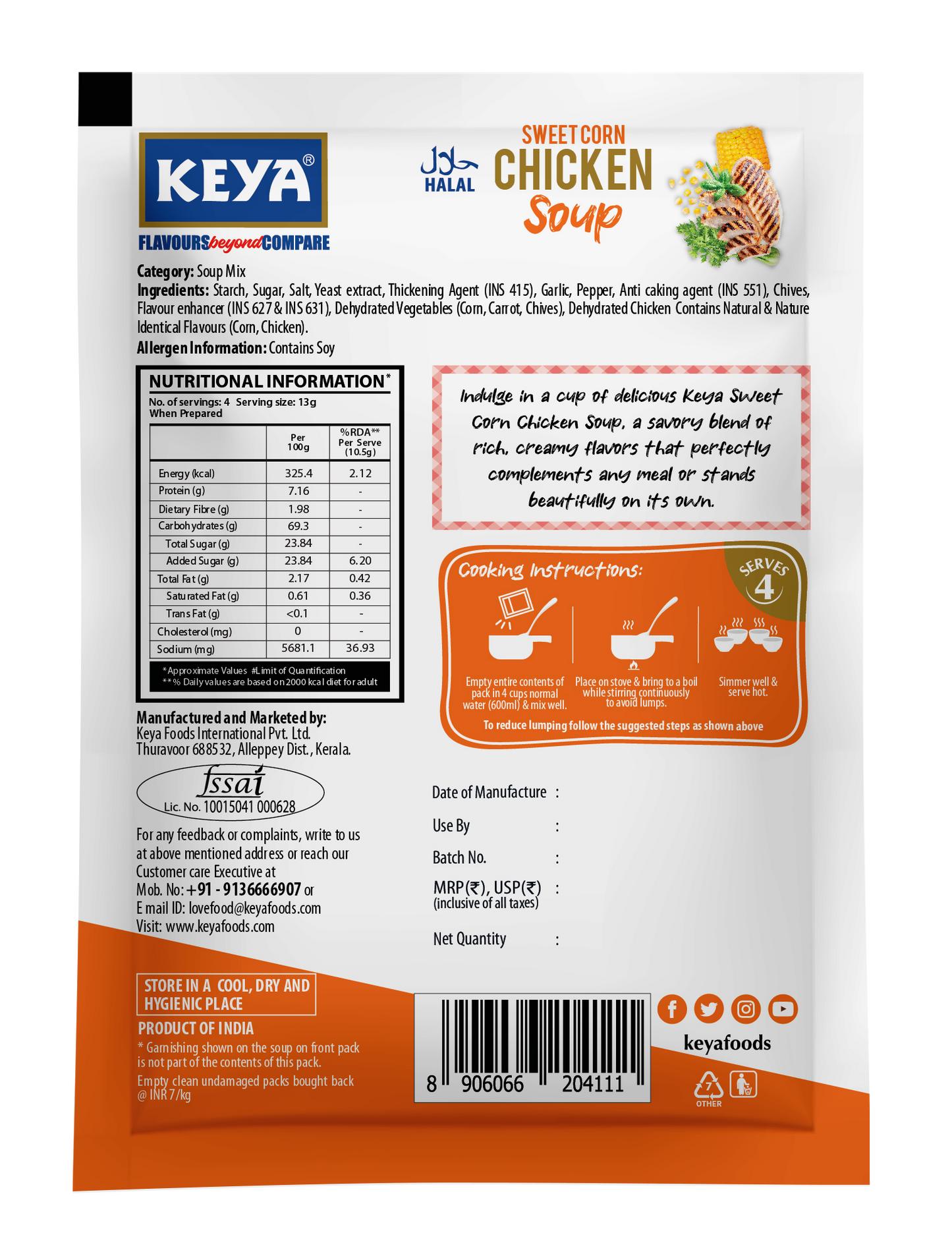 Keya Sweet corn Chicken Soup Four Serves 42g