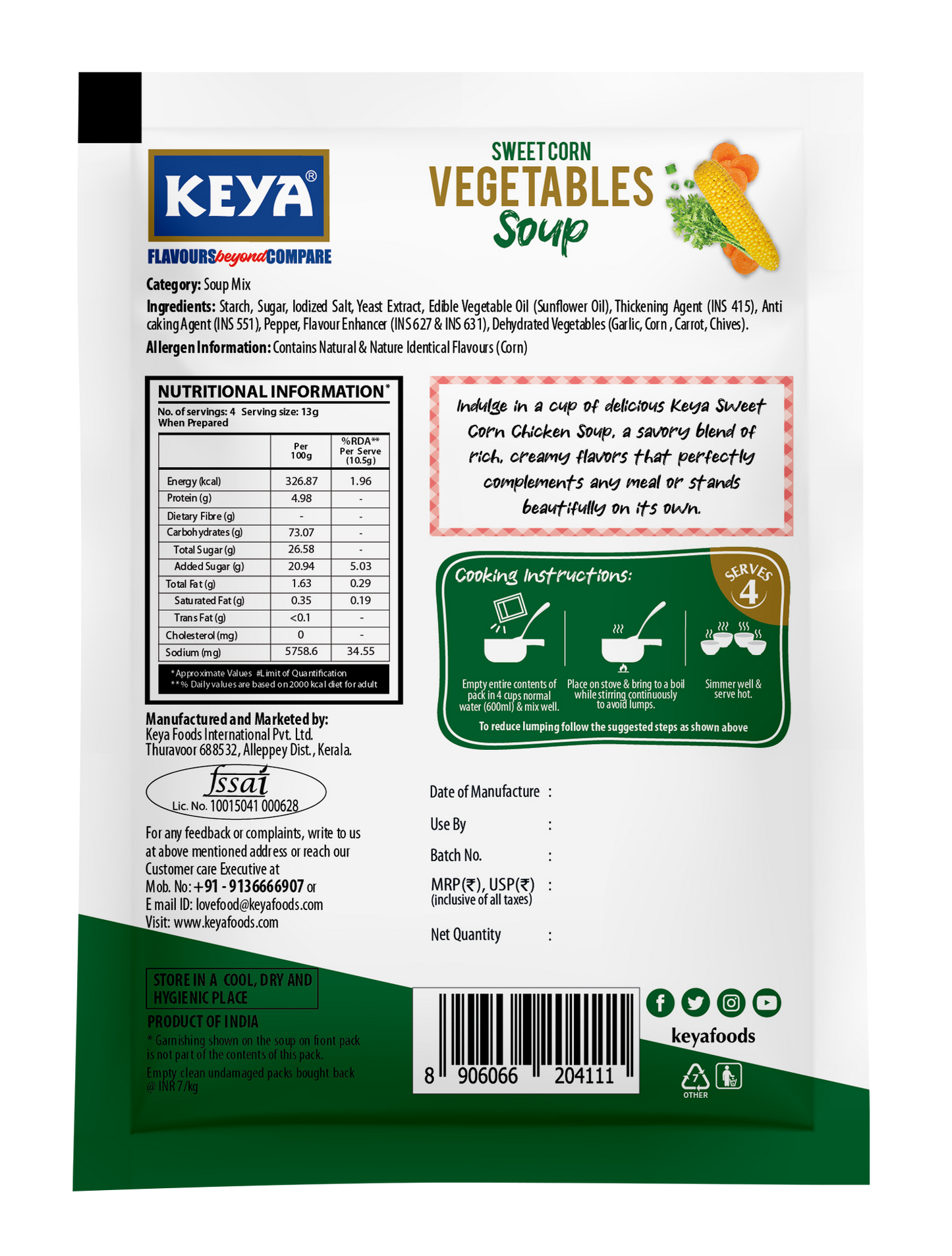 Keya Sweet Corn Veg Soup Four Serves 48g