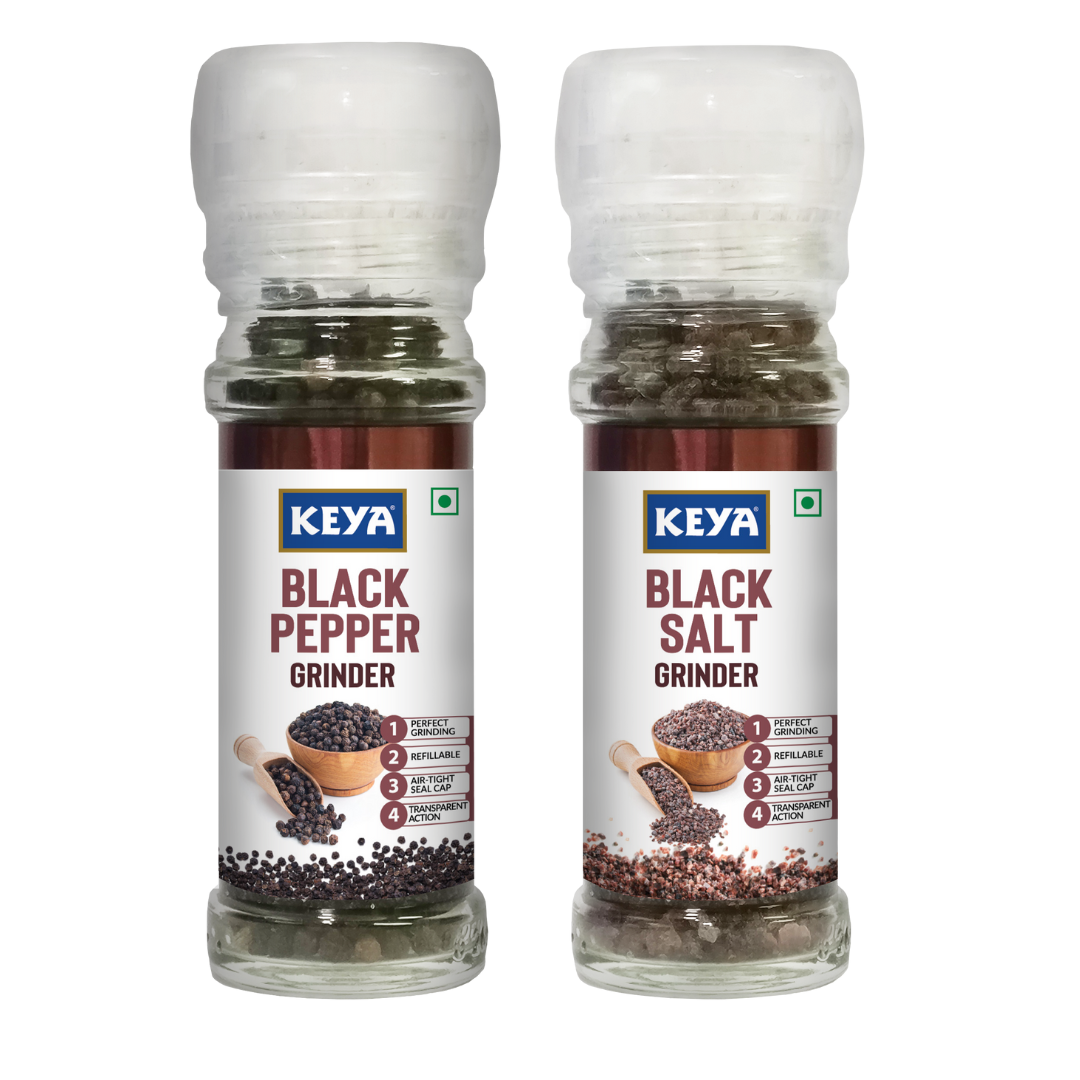 Keya Grinder Combo Pack – Black Pepper Grinder (50g) & Black Salt Grinder (100g) | Convenient Twist-Top Design for Effortless Seasoning, Cooking & Garnishing | Premium Quality, Easy-to-Use Set for Everyday Flavor Enhancement