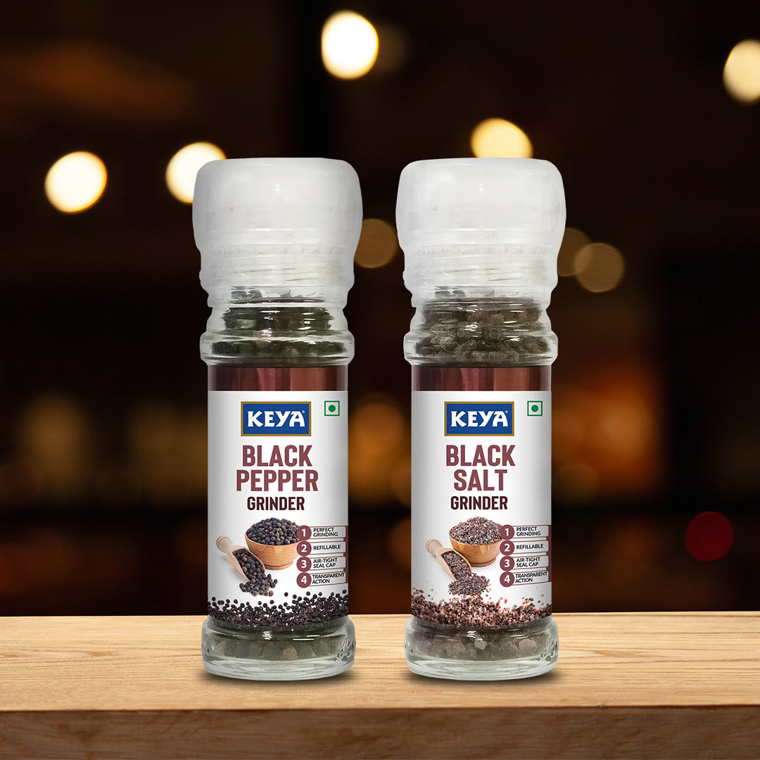 Keya Grinder Combo Pack – Black Pepper Grinder (50g) & Black Salt Grinder (100g) | Convenient Twist-Top Design for Effortless Seasoning, Cooking & Garnishing | Premium Quality, Easy-to-Use Set for Everyday Flavor Enhancement