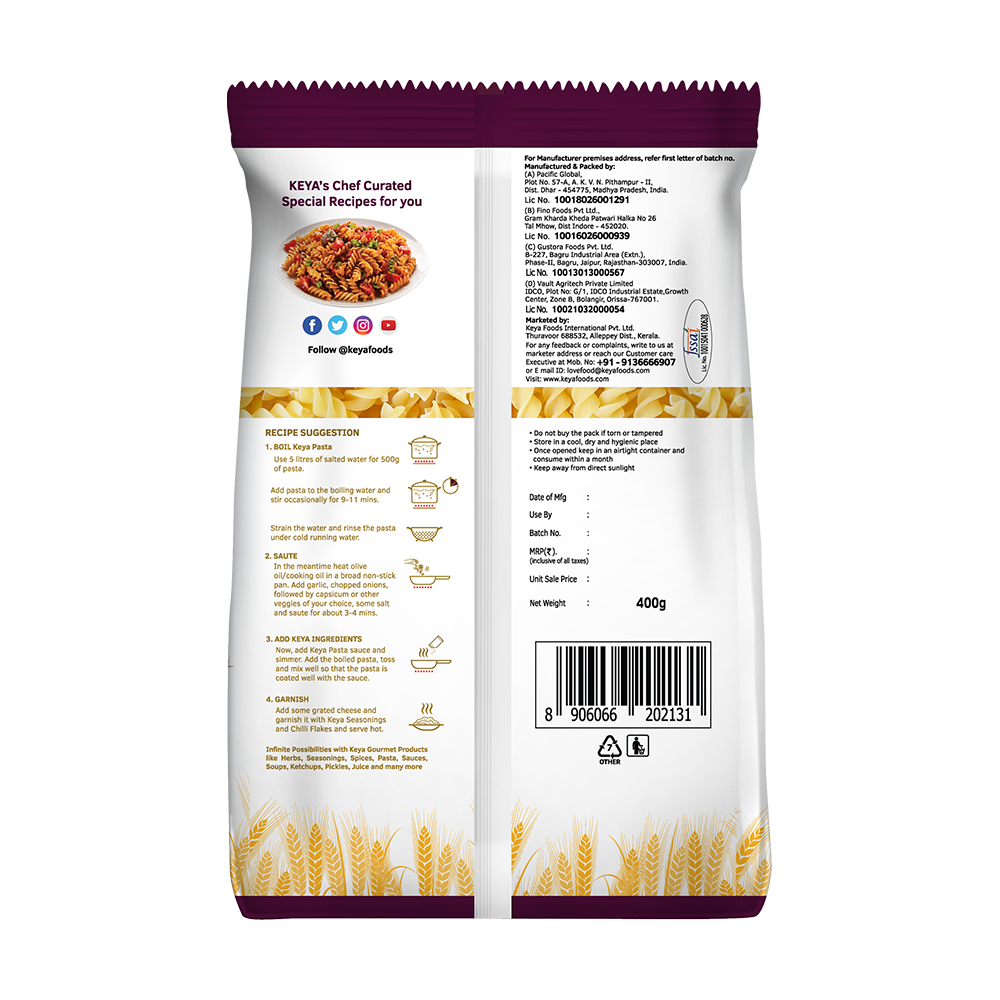 Keya 100% Durum Wheat Fusilli Pasta, 400g