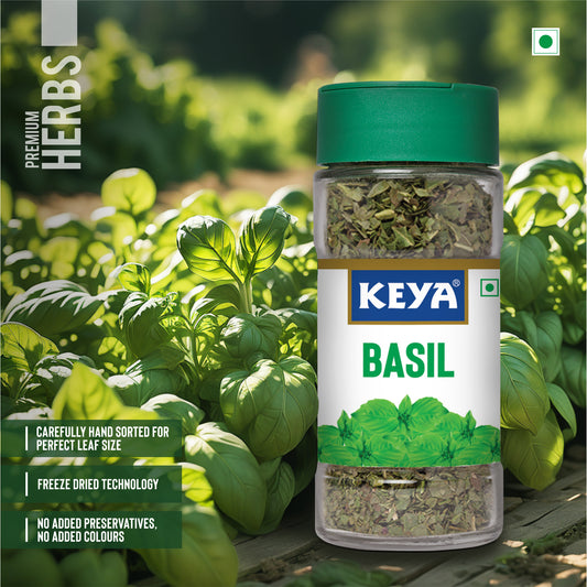 Keya Basil | Freeze Dried | Seasoning for Pasta, Pizzas, Soups, and Salads | Rich in Antioxidants & Supports Digestion | No Artificial Flavours or Colours | 12g