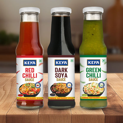 Keya Chinese Sauce Combo- Red Chilli Sauce 200g, Green Chilli Sauce 190g, Dark Soya Sauce 200g,Pack 3