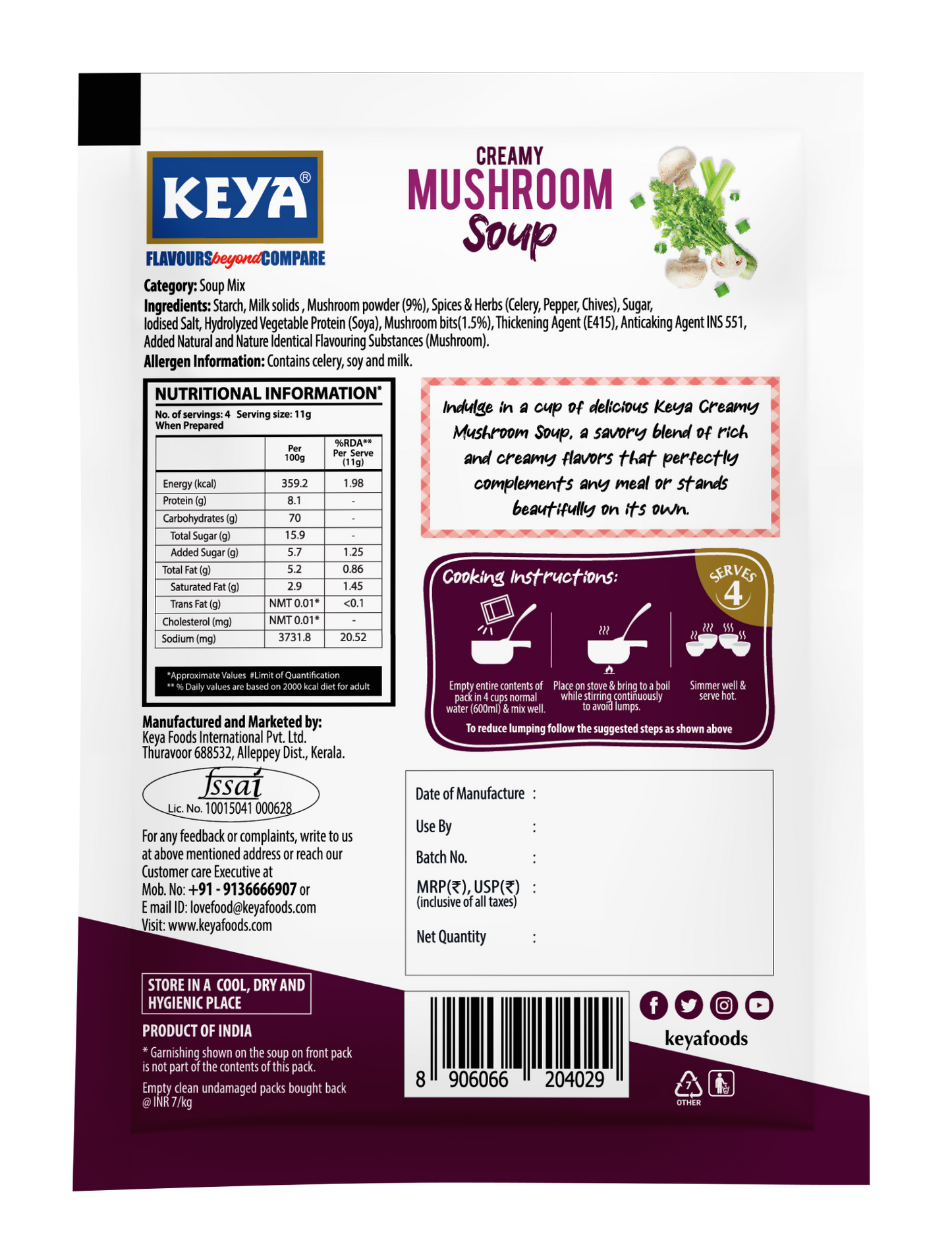 Keya Creamy Mushroom Soup Four Serves 44g 