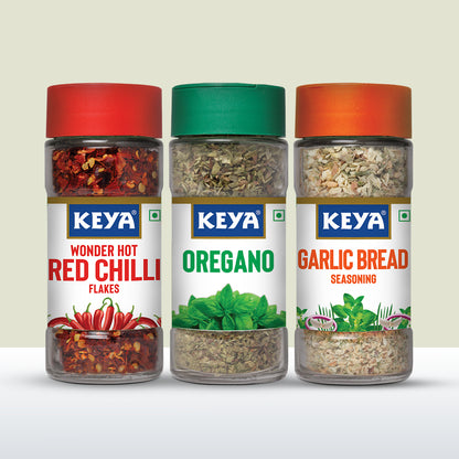 Keya Herb and Seasonings Combo Oregano 15g, Garlic Bread Seasoning 50g, Red Chilli Flakes 40g | Pack of 3