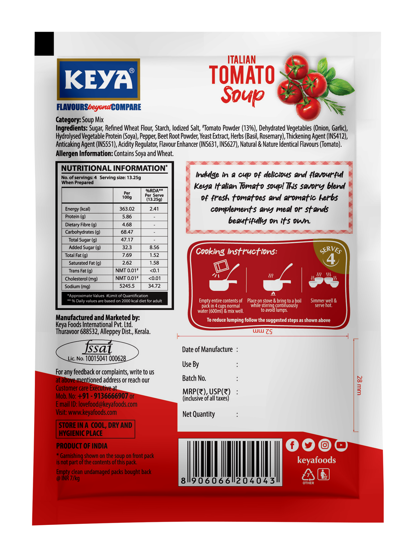 Keya Italian Tomato Soup Four Serves 53g