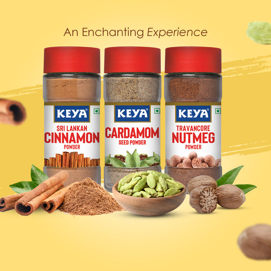 Keya Exotic Spices Combo | Cardamom Seed Powder 50gm | Cinnamon Powder 50g |Nutmeg Powder 65g | Pack of 3