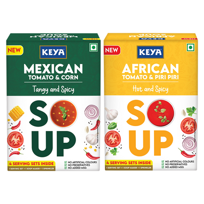 Keya Mexican Soup Tomato & Corn 52g | Keya African Soup Tomato & Piripiri 56g, Pack 2