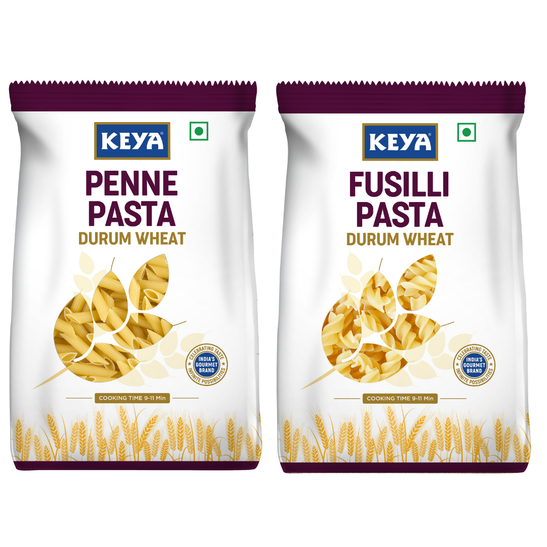 Keya 100% Durum Wheat Pasta Combo, Fusilli Pasta 400gm, Penne Pasta 400gm, Pack 2